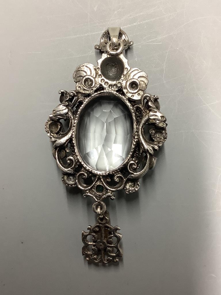 A 19th century Austro-Hungarian white metal, rock crystal, emerald and seed pearl set drop pendant